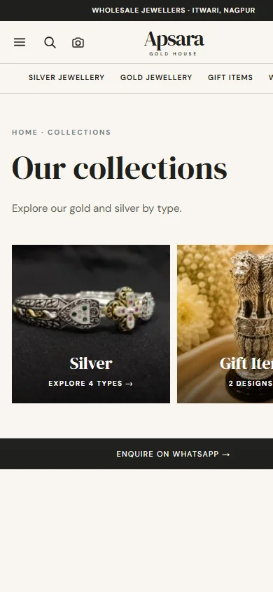 Apsara Gold House collections page on mobile