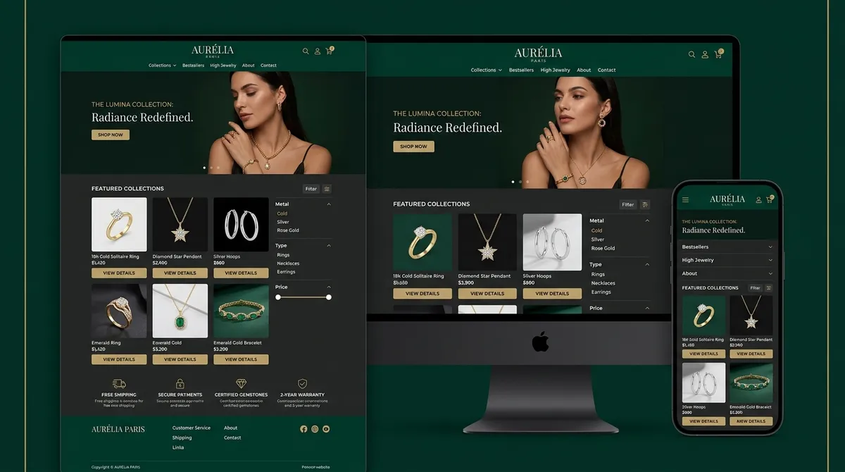 Aurélia concept design shown on laptop, desktop and phone